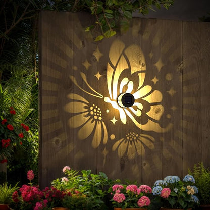 Hapjoy Solar Fence Lights 4 Pack Solar Deck Lamps Outdoor Decorations Powered Step Lights Wall Waterproof LED Warm Decorative Lighting for Garden (Butterfly-Flower, 4)