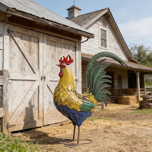 32" Oversized Metal Rooster Statues, Large Outdoor Decor, Metal Chicken Sculpture for Backyard Patio Kitchen Decor