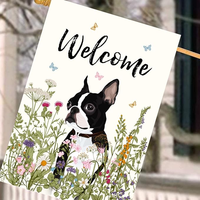 Floral Boston Terrier Garden Flag 28 x 40 Double Sided Multicolored Flower Dog Yard Flag for Outdoor Welcome