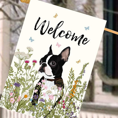 Floral Boston Terrier Garden Flag 28 x 40 Double Sided Multicolored Flower Dog Yard Flag for Outdoor Welcome