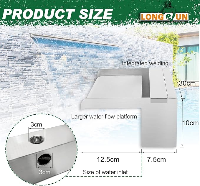 LONGRUN 30cm Pond Waterfall Blade,Stainless Steel Pool Fountain with RGB Bluetooth LED Light, Complete Waterfall & Stream Kits for Outdoor Water Features