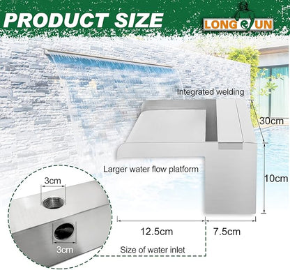 LONGRUN 30cm Pond Waterfall Blade,Stainless Steel Pool Fountain with RGB Bluetooth LED Light, Complete Waterfall & Stream Kits for Outdoor Water Features