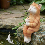 Elenon Fishing Cat Garden Statue, 9" Cat with Pole Decor for Koi Pond Waterfalls, Adorable Flower Bed Outdoor Yard Patio Art Decorative Sculptures Table Ornament