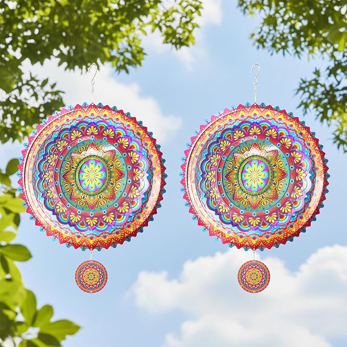 2 Pack Garden Wind Spinners Outdoor Mandala 3D Stainless Steel 12 Inch Patio Garden Decorations Multi Color Hanging Wind Spinners for Porch