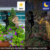 Ouddy Decor Fairy Garden Decor with Solar Watering Can, Metal Fairy Garden Statues with Hanging Lanterns Waterfall Lights Silhouette Waterproof for Lawn Pathway Gardening Gifts