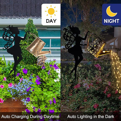 Ouddy Decor Fairy Garden Decor with Solar Watering Can, Metal Fairy Garden Statues with Hanging Lanterns Waterfall Lights Silhouette Waterproof for Lawn Pathway Gardening Gifts