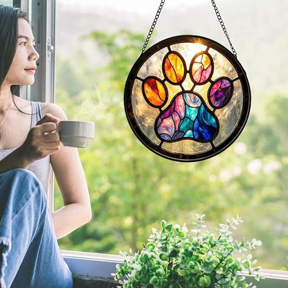 Pet Stained Glass Suncather for Window Hanging, Paw Print Ornament Gift for Pet Lover, 7.9'' Pet Memorial Wall Art Home Decor Sympathy Gift for Dog & Cat Owners (Colorful, 7.9'')