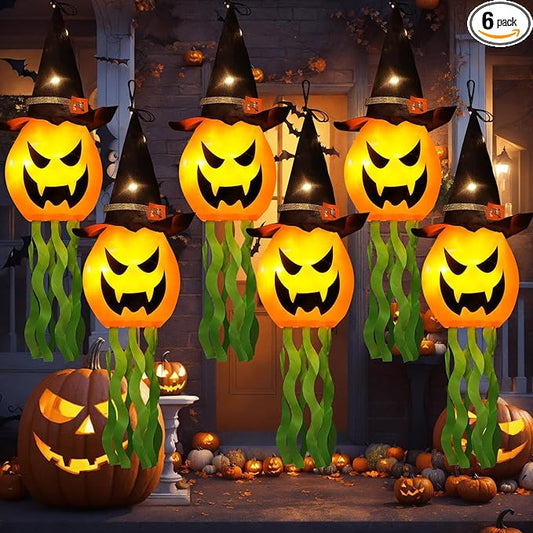 Cuorung Halloween Decorations Outdoor Decor Hanging Lighted Glowing Pumpkin Witch Hat with 3 Modes Lighted Up Scary Orange Halloween Decorations for Indoor Outside Party Yard Tree Garden (6Pcs)