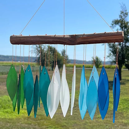 Blue Handworks Gradient Ocean Waterfall & Driftwood Glass Leaves Chime - Sandblasted Glass and Found Wood Handcrafted Wind Chime