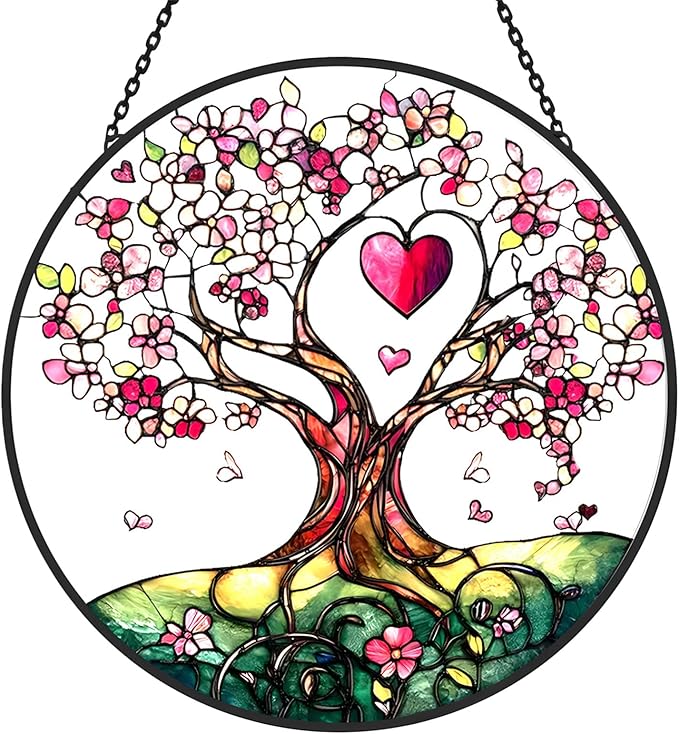 Stained Glass Suncatcher Window Hanging – Pink Tree of Life with Heart, Sun Catcher Window Decor, Meaningful Gift for Mom, Grandma, Nana, Birthday & Mother’s Day