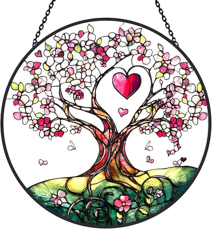 Stained Glass Suncatcher Window Hanging – Pink Tree of Life with Heart, Sun Catcher Window Decor, Meaningful Gift for Mom, Grandma, Nana, Birthday & Mother’s Day