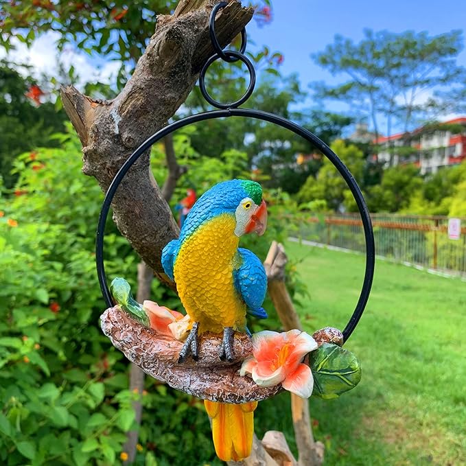 iRonrain Mini Garden Statues Hanging Iron Ring Parrots, Art Décor Gorgeous Swing Birds Figurine Sculpture Ornament for Pathways Yard Patio Office Indoor Outdoor Tree Decorations (Yellow/Blue)