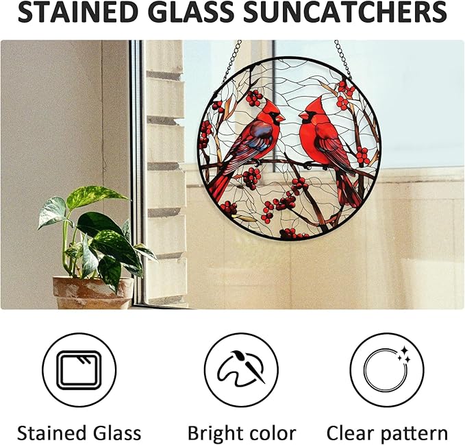Red Cardinal Memorial Suncatcher – Stained Glass Window Hanging with Bird on Branch, Sympathy Hope Comfort Gift for Mom Grandma Women Bird Lover, Garden Patio Kitchen Decor, 8 Inch