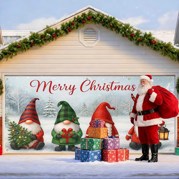 IVN Christmas Garage Door Cover Decoration 13x6ft Gnomes Snow Scene White Background Gift Tree Merry Christmas Garage Door Banner Home Door Front Yard Decor for Xmas Eve Holiday Outdoor