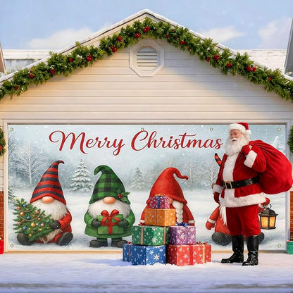 IVN Christmas Garage Door Cover Decoration 13x6ft Gnomes Snow Scene White Background Gift Tree Merry Christmas Garage Door Banner Home Door Front Yard Decor for Xmas Eve Holiday Outdoor