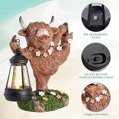 WDS WONDROUS Solar Highland Cow Outdoor Decor with LED Light, Garden Cow Decorations for Home with Flowers, Resin Highland Cow Figurine Gifts for Women Yard Decor Porch Patio Balcony Farmhouse