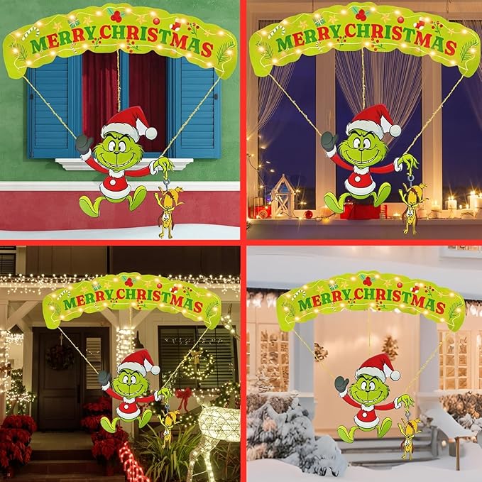 Outdoor Christmas Home Decorations, 7Pcs Lights Up Christmas Parachute Signs Decor, Cute Xmas Hanging Ornament with LED String Lights for Yard, Door, Christmas Tree Decoration