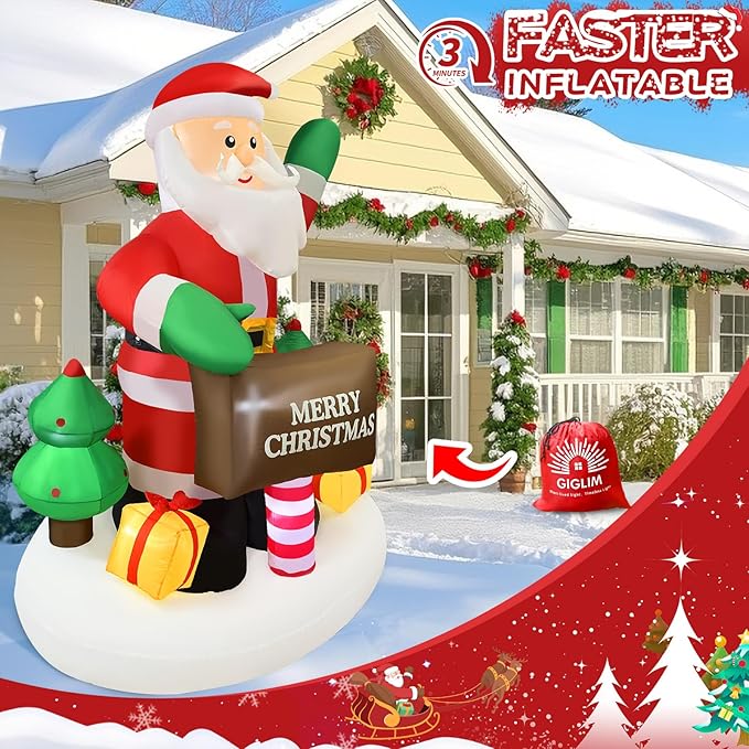 6FT Christmas Inflatable Waving Santa 6FT Holding Sign Santa Claus Christmas Inflatables Outdoor Decorations Xmas Santa Blow Up Yard Decor with 8 Built-in LEDs for Yard Garden Lawn(with Storage Bag)