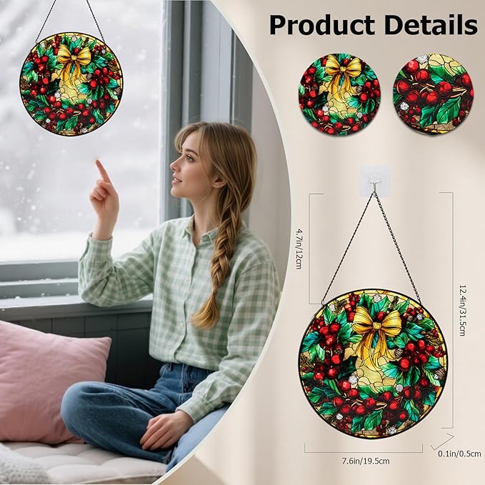 Stained Glass Window Hanging, Christmas Festive Holly and Red Berries Suncatcher for Doors Home Sun Catchers Decoration and Christmas, Mother's Day Birthday Gifts for Women, Men, and Mom