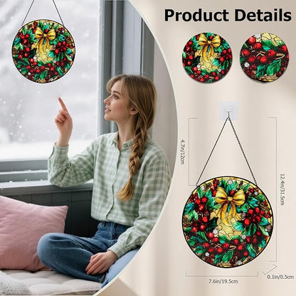 Stained Glass Window Hanging, Christmas Festive Holly and Red Berries Suncatcher for Doors Home Sun Catchers Decoration and Christmas, Mother's Day Birthday Gifts for Women, Men, and Mom
