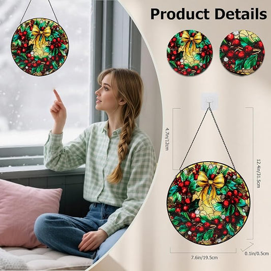 Stained Glass Window Hanging, Christmas Festive Holly and Red Berries Suncatcher for Doors Home Sun Catchers Decoration and Christmas, Mother's Day Birthday Gifts for Women, Men, and Mom