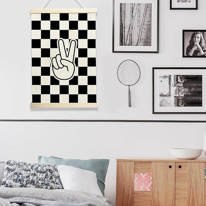 NQDWX Black and White Checkered Peace Sign Wood Poster Hanger - Retro Preppy Checkerboard Wall Decor, Hippie Boho Hanging Art for Bedroom, Dorm & Teen Room, 12x17 Inch Rustic Wood Frame Gift. (131)