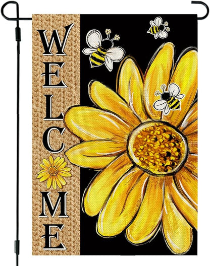 CROWNED BEAUTY Spring Summer Garden Flag Daisy Bee Welcome 12x18 Inch Double Sided Small Floral Summer Seasonal Holiday Decoration for Outdoor Lawn Yard