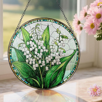 8-Inch Stained Glass Ornament, Stained Glass Window Hanging, Lily of Valley Flower Ornament, Window Hanging Decor Suncatcher | Mother's Day, Christmas, Birthday, Gifts for Mom & Flower Lovers