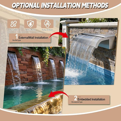 Curved-Mouth Waterfall Pool Fountain, Stainless Steel Waterfall Spillway with Pipe Connector Kits for Outdoor Decorative, 11.8 Inches Pool Water Feature for Garden Patio, Backyard Koi Pond Decor