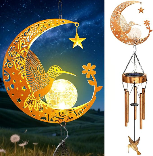 2Pack Solar Moon Hummingbird Wind Chimes, Gifts for Mom Women Men Sympathy Birthday Mothers Day, Hanging Outdoor Decor Cracked Glass Ball Memorial Large Wind Chimes for Garden Patio Porch
