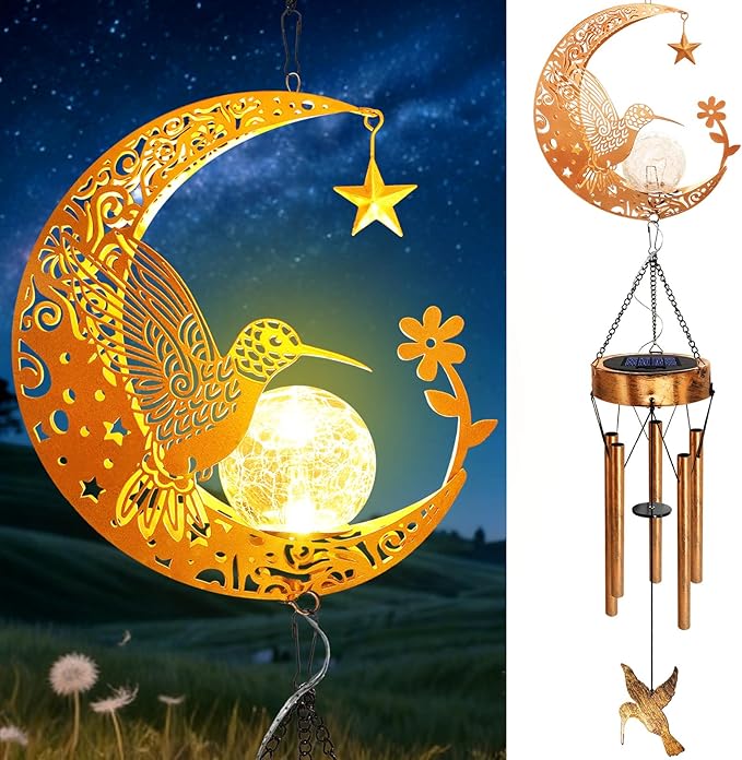 Solar Moon Hummingbird Wind Chimes, Hummingbird Gifts for Mom Women Men Birthday Mothers Day, Hanging Outdoor Decor Cracked Glass Ball Memorial Wind Chimes, Garden Patio Porch Decor