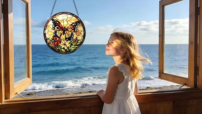 Stained Glass Window Hanging - Butterfly Red Flowers Yellow Flowers 6.3 Inches Suncatcher for Garden Home Decor for Women Mon Grandma Friends