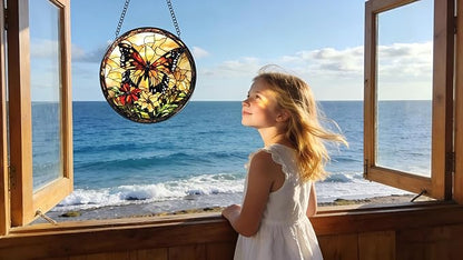 Stained Glass Window Hanging - Butterfly Red Flowers Yellow Flowers 6.3 Inches Suncatcher for Garden Home Decor for Women Mon Grandma Friends