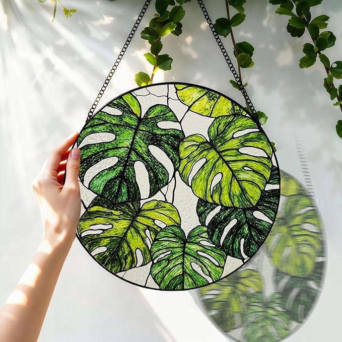Stained Glass Window Hanging, 8 Inch Monstera Plant Suncatcher, Sun Catchers Indoor Window, Tropical Leaf Suncatchers for Windows Hanging, Spring Home Garden Decor Panel Plant Lover Gift for Women Mom