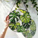 Stained Glass Window Hanging, 8 Inch Monstera Plant Suncatcher, Sun Catchers Indoor Window, Tropical Leaf Suncatchers for Windows Hanging, Spring Home Garden Decor Panel Plant Lover Gift for Women Mom