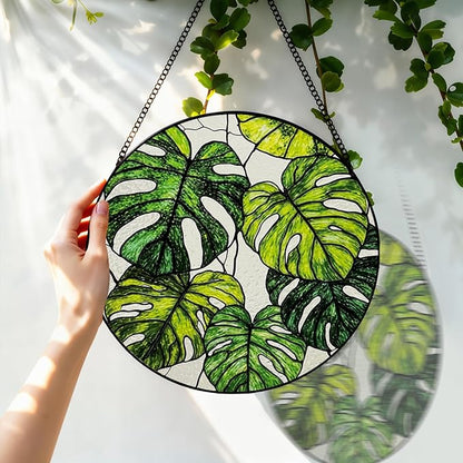 Stained Glass Window Hanging, 8 Inch Monstera Plant Suncatcher, Sun Catchers Indoor Window, Tropical Leaf Suncatchers for Windows Hanging, Spring Home Garden Decor Panel Plant Lover Gift for Women Mom