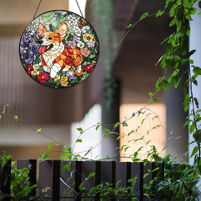Corgi Stained Glass Window Hanging Corgi Flowers Sun Catcher Decor Dog Lover Gifts for Women Christmas Suncatchers for Garden Home Windows Hanging Decoration, 7.87inch