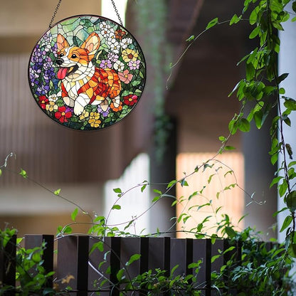 Corgi Stained Glass Window Hanging Corgi Flowers Sun Catcher Decor Dog Lover Gifts for Women Christmas Suncatchers for Garden Home Windows Hanging Decoration, 7.87inch