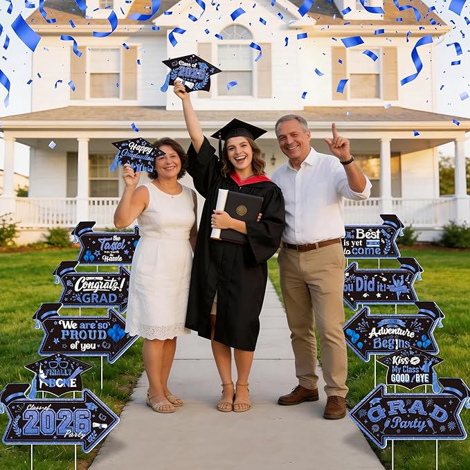 12PCS 2026 Graduation Yard Sign for Outdoor Pathway,Graduation Cap Hanging Yard Signs,Black Blue This Way Yard Signs with Stakes Ribbon,Class of 2026 Grad Party Decoration for College High School