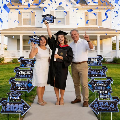 12PCS 2026 Graduation Yard Sign for Outdoor Pathway,Graduation Cap Hanging Yard Signs,Black Blue This Way Yard Signs with Stakes Ribbon,Class of 2026 Grad Party Decoration for College High School