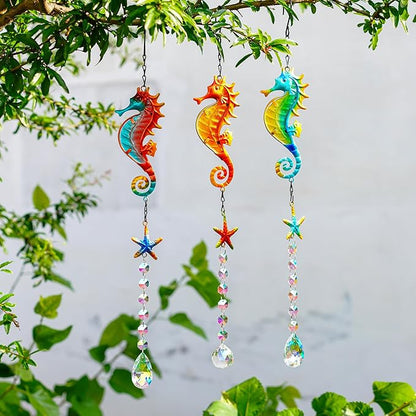 3PCS Seahorse & Starfish Crystal Suncatchers, Stained Glass Metal Hanging Sun Catcher Set with Colorful Crystal Prisms, Rainbow Maker Window Garden Patio Fence Décor