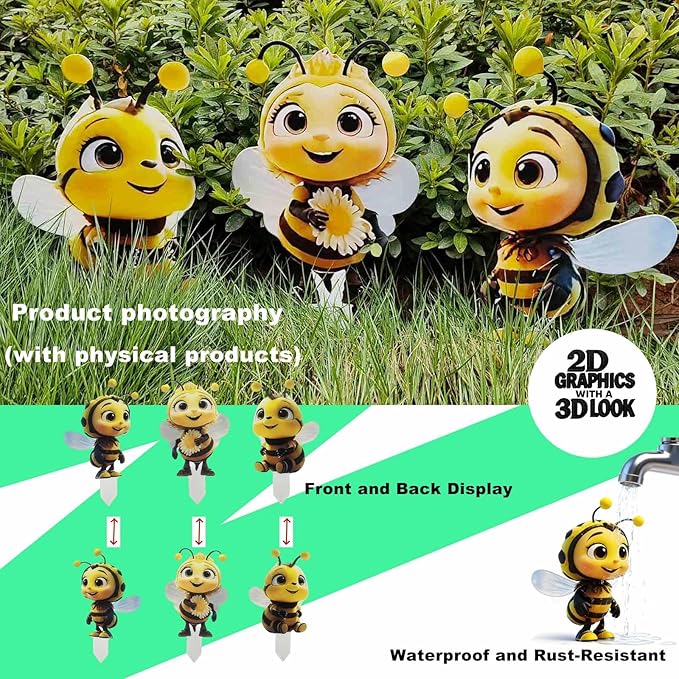 Bee Garden Stakes Decor – Metal Outdoor Yard Art, Rustproof Lawn Ornaments for Garden Patio Flower Bed, Hand-Painted 2D Bee Set of 3