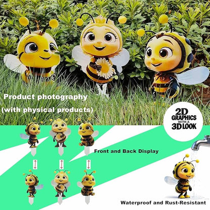 Bee Garden Stakes Decor – Metal Outdoor Yard Art, Rustproof Lawn Ornaments for Garden Patio Flower Bed, Hand-Painted 2D Bee Set of 3