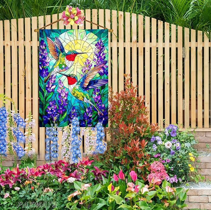 Spring Summer Hummingbird House Flag Double Sided 28x40 Inch, Stained Glass Hummingbird Floral Outdoor Flag Seasonal Farmhouse Outside Outdoor Decoration