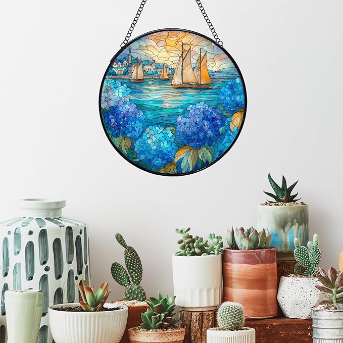 Coastal Sailboat Hydrangea Flower Stained Glass Window Hanging Suncatchers, Ocean Beach Sun Catchers Indoor Window Glass Wall Art Decor, Nautical Wall Hanging Decorations Sculptures, 7.9x7.9in