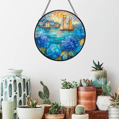Coastal Sailboat Hydrangea Flower Stained Glass Window Hanging Suncatchers, Ocean Beach Sun Catchers Indoor Window Glass Wall Art Decor, Nautical Wall Hanging Decorations Sculptures, 7.9x7.9in