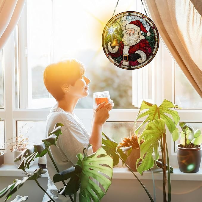 Bimkole Christmas Stained Glass Suncatcher Window Hanging - Santa Claus Indoor Window or Doorway Decoration - Handmade Sun Catcher Decor for Garden Home Christmas & Birthday Gifts 7.87x7.87 Inch
