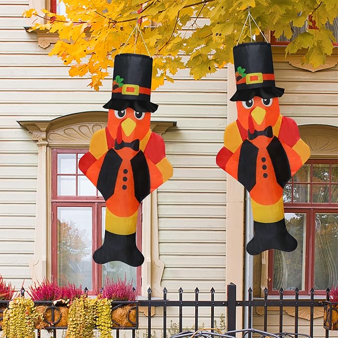 2PCS Thanksgiving Turkey Windsocks, Fall Thanksgiving Outdoor Hanging Windsocks for Tree Lawn Patio Garden Yard Decor, Fade Resistant Outdoor Wind Sock Flag for Fall Party Festival Decorations