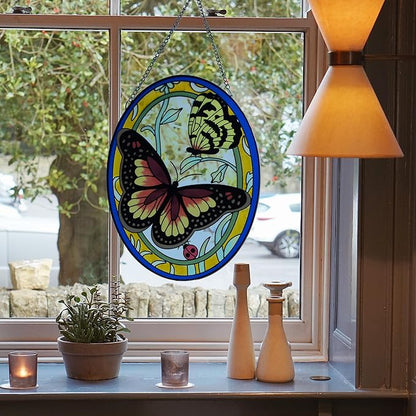 Monarch Butterfly Stained Glass Window Hanging, Butterfly Decorations Gift for Women, Valentine Stained Glass Suncatcher- Window Valentine Decor, Outdoor Hanging for Garden (10.5 inch)