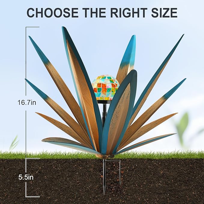 TOMBABY Solar Rustic Garden Style Metal Agave Plants Outdoor Patio, Home Decor Hand-Painted Metal Agave Garden Patio Statues, Suitable for Desert Areas, Outdoor Lawn Decorations (1 Solar Bule)